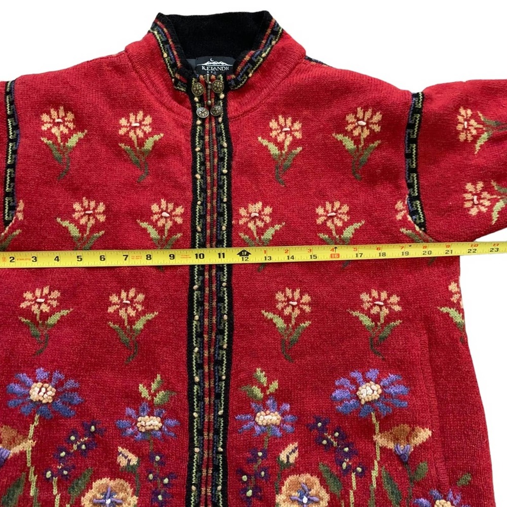 Icelandic Designs Wool Floral Zip-Front Cardigan Sweater - Red - Picture 7 of 9